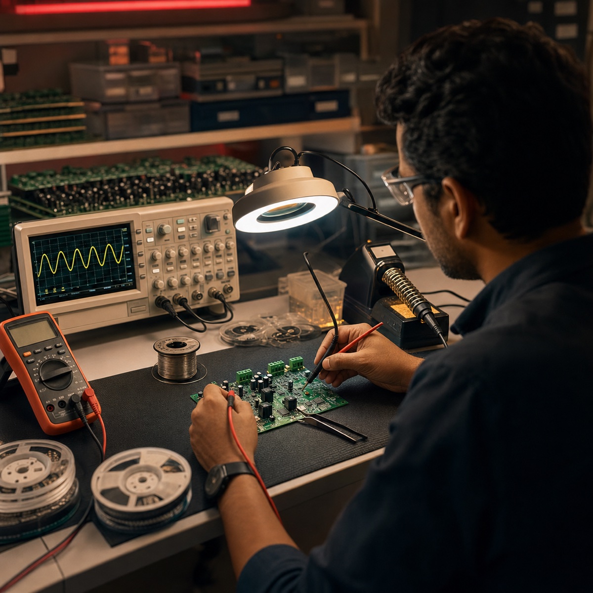 Smooth Power R&D lab — engineer working on an LED driver PCB