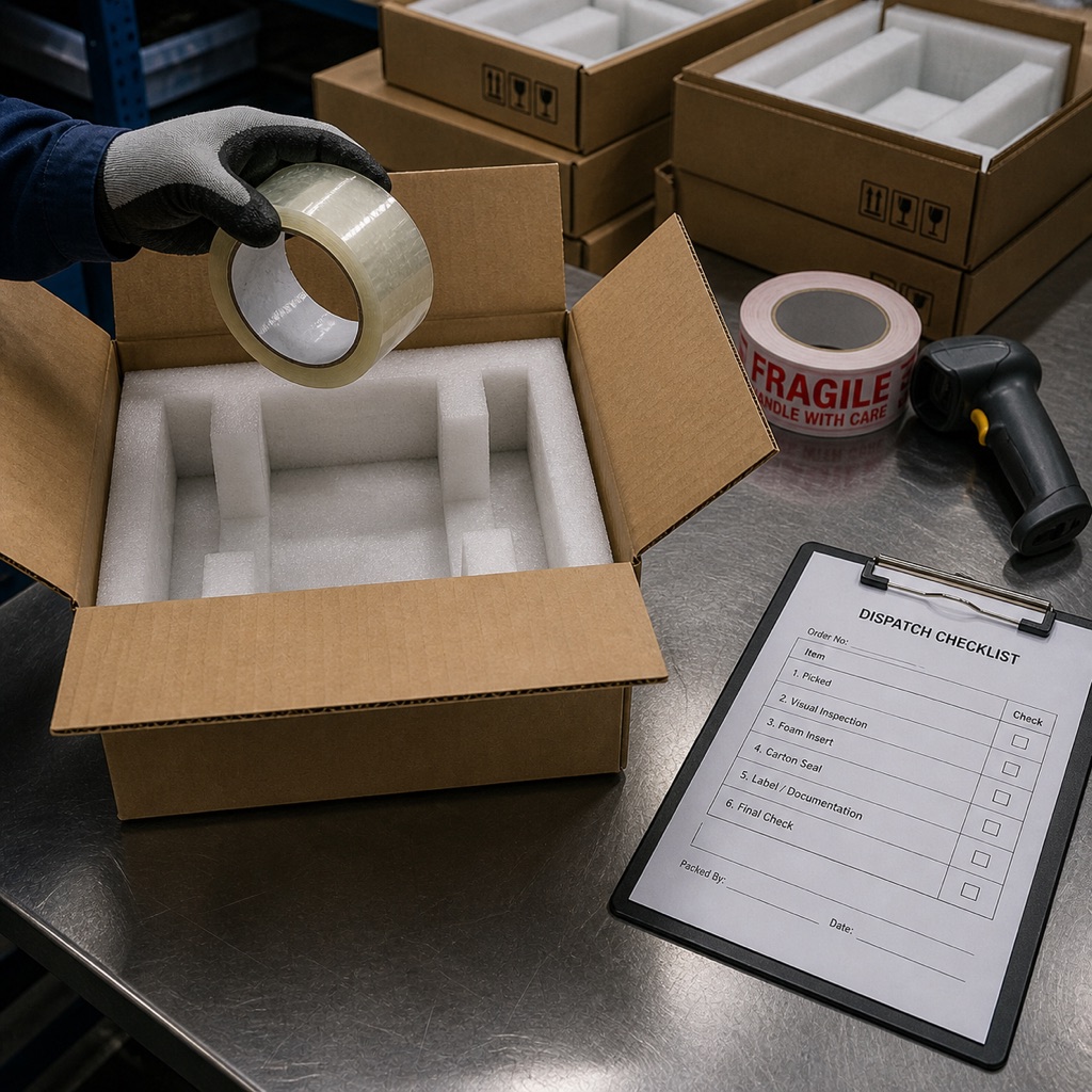 Worker's gloved hand placing a finished LED driver into a foam-lined cardboard carton on the dispatch line, more cartons stacked in the background, packing tape and clipboard at hand