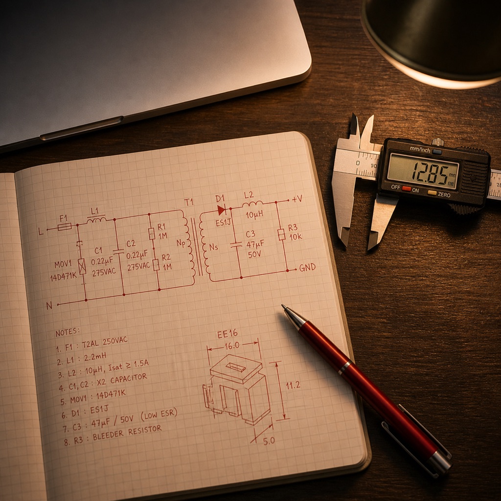 Engineer hand-sketching a circuit topology on grid paper with a red pen, prototype LED driver PCB beside, oscilloscope showing waveform on a laptop in the background, warm desk lamp